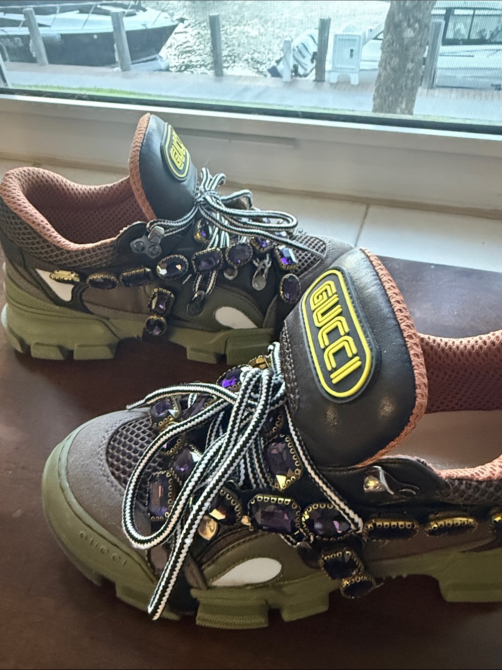Gucci Green and Purple Jeweled Logo Sneakers - Picture 6 of 7